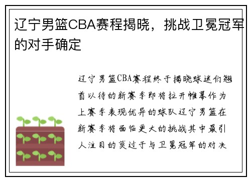 辽宁男篮CBA赛程揭晓，挑战卫冕冠军的对手确定